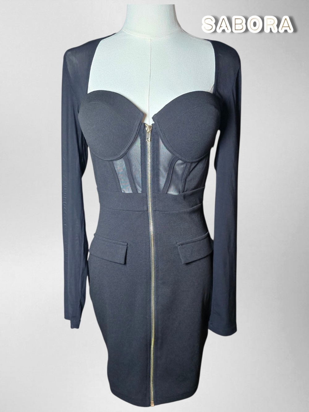 SABORA Black Long-Sleeve Mesh Panel Bodycon Dress - Medium